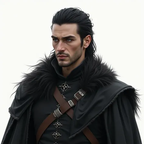 Draw a VERY REALISTIC fantasy style drawing of a VERY REALISTIC man of , Caucasian skin, slicked black hair, gray eyes with black war clothes and cloak 