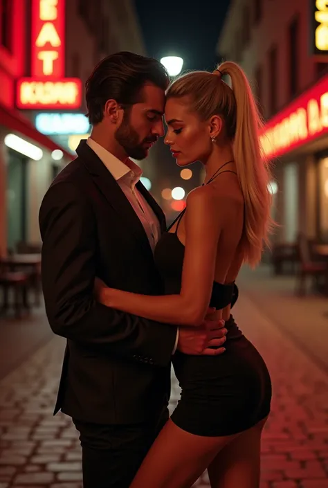 a beautiful blonde serbian supermodel, long bleached blonde hair in a ponytail hairstyle, wearing a mini skirt, night out in Belgrade, photorealistic, highly detailed, cinematic lighting, dramatic colors, 8k, best quality blowjob to her italian lover in ho...