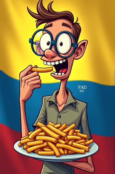 A cartoon of a skinny man with glasses eating french fries with a Bolivian flag behind him and the image named FAN XD in the middle.