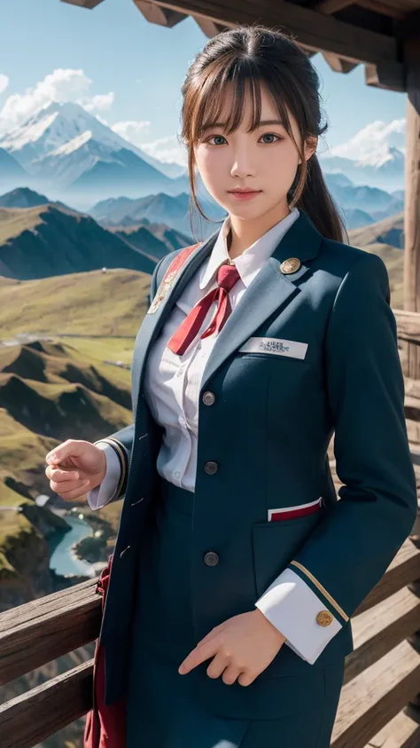 Super detailed, High resolution, Super detaileded, highest quality, wonderful, highest quality,Integrated 8K wallpaper, cinematic lighting, stewardess、20-year-old、Japanese、in mountain