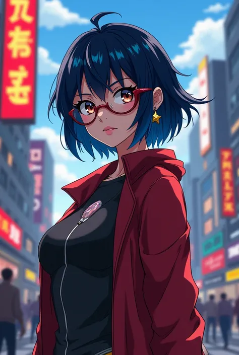 My Hero Academia, women, short hair with blue tips, Glasses, dark brown eyes, thesis morena clara, With star earrings 