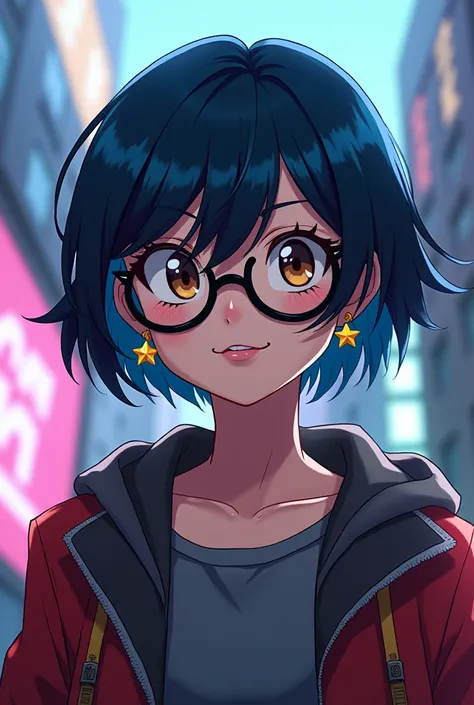 My Hero Academia, women, short hair with blue tips, Glasses, dark brown eyes, thesis morena clara, With star earrings 