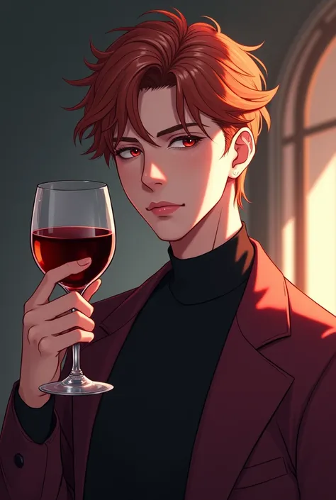 Pose an anime-style young man holding a glass of red wine.