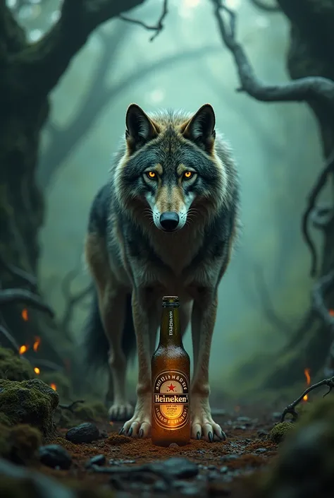 (photorealism:1.2), old wolf, heineken , magician ,magic,poison ,dry, mystic 