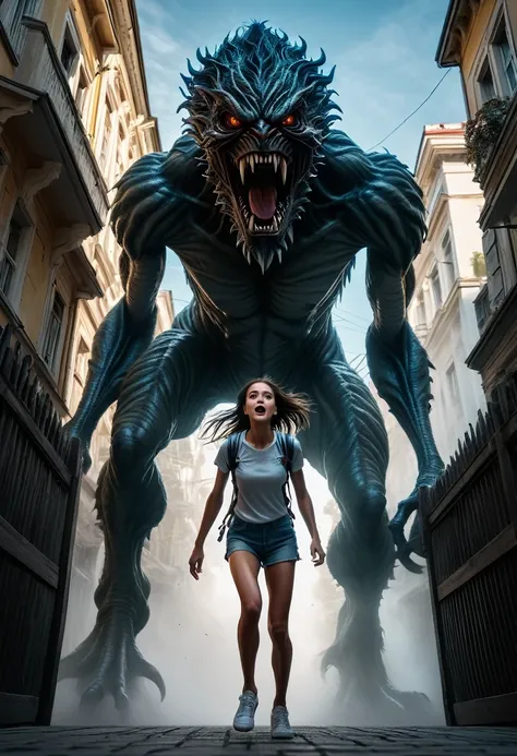 1girl, tall girl chased by a monster, super detailed, intricate, extreme quality photoshot, dslr, uhd, 8k, dramatic light, drama...