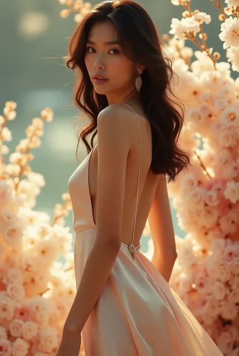 Sexy young woman, Wearing a thin silk dress, Skin is hydrated, Glowing skin, Looking at the camera 36k defogging, whole body, Backlight, Chic Fashion Editorial, Floral, Body contour light, Backlight  丝绸长袍, Beautiful side breasts, body of, Sexy pose, Wearin...