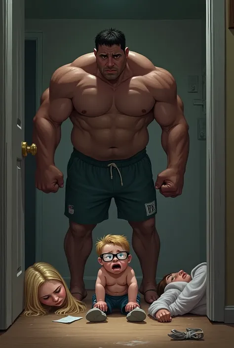 I want you to draw a child with high-rise glasses on the floor crying because his father hit him for speaking badly to him and his father is a boxer and his mother who is an overweight lady with blonde hair is on the floor too.