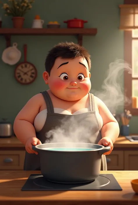 Fat boy boils water in a pot 