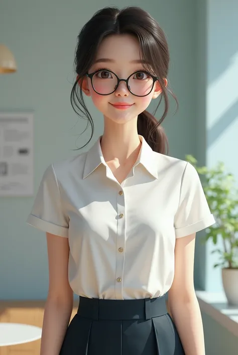 "Create an image of an 18-year-old Asian woman, a teacher wearing glasses, with a cute face smiling. The image should be full-body, slightly revealing, youthful, and realistic."