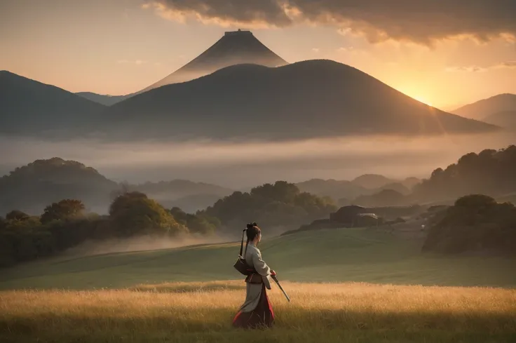 A female samurai walks through a field of tall, swaying grass during Japans Sengoku period. The scene is bathed in soft, ethereal light, with the warm hues of a setting sun blending with the cool, muted tones of a cloudy sky. Her robes are dark, consisting...