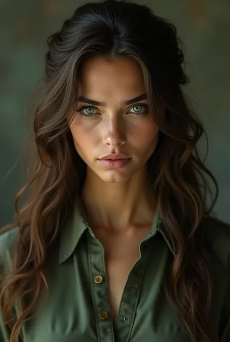 25 year old girl, His hair is long and brown, Her eyes are green, Her skin is brown, square face with a pronounced jawline, His expression is serious and cold, His clothes are in shades of green and brown.