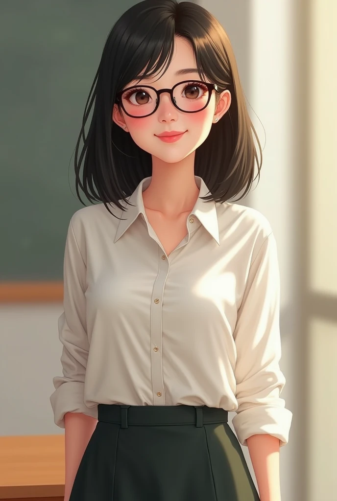 "Create an image of an 18-year-old Asian woman, a teacher wearing glasses, with a cute face smiling. The image should be full-body, slightly revealing, youthful, and realistic."