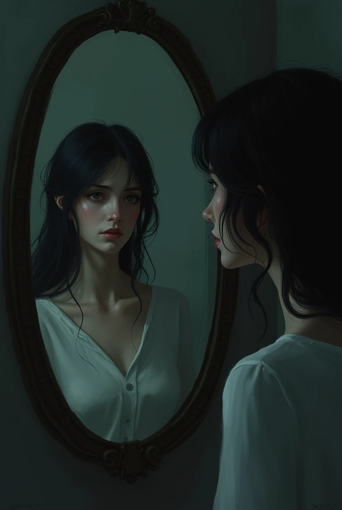 A woman looking in a mirror in a dimly lit room　Anxious face