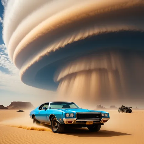 old photo，Blue sky，Sky，daytime，Cars on the ground，一幅尘埃desert之路的画作，A sandstorm covering the sky，Sky充满灰尘，desert，Realistic Photography，Movie concept poster，Epic fantasy scene,