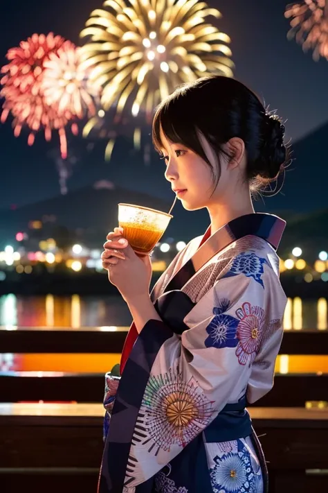 A highly realistic 4K image of a Japanese woman wearing a traditional yukata. she is standing at night, She holds a small cup of water in one hand, The scene is set before a lively fireworks festival. The fireworks illuminate the night sky with vibrant col...