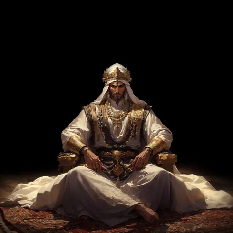 A man in a white robe sits on a rug., Bedouin portrait&d, handsome prince of persia, ancient kings in white robes, portrait of the emperor of mankind, Arab, Arab samurai, Sitting on his throne, author：Eddie Mendoza, author：Daniel Jungren, Epic and beautifu...