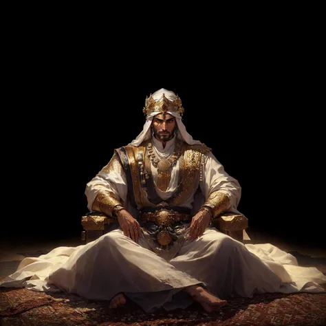 A man in a white robe sits on a rug., Bedouin portrait&d, handsome prince of persia, ancient kings in white robes, portrait of the emperor of mankind, Arab, Arab samurai, Sitting on his throne, author：Eddie Mendoza, author：Daniel Jungren, Epic and beautifu...