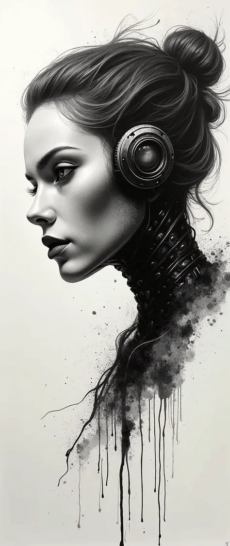 (masterpiece:1.2,Highest quality,Ultra-high resolution,Super detailed),8k,wallpaper,(Ink Painting:2.0),(Polish your pen:2.0),Beautiful female cyborg,(Ink smudge:2.0),(Ink bleed:2.0),dynamic