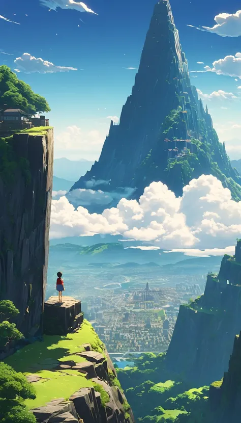 a child on a mountain towering over a city in animated, in the style of serene oceanic vistas, go nagai, vray, grandeur of scale, goro fujita, thomas cole, enchanting realms --ar 7:5 --v 5.2