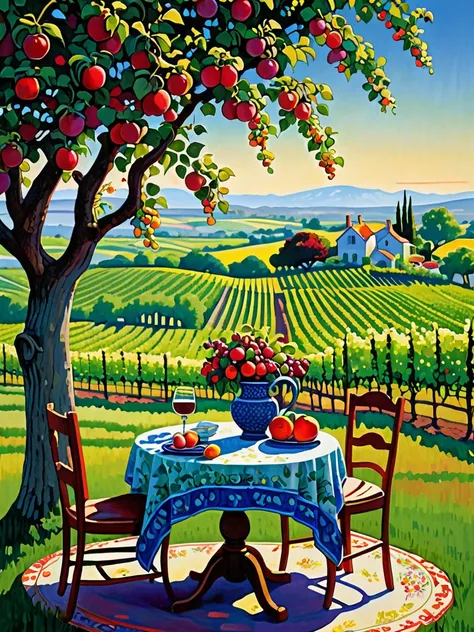 painting of a table with a vase of flowers, a pitcher of wine, and a plate of fruit, an idyllic vineyard, inspired by Charles Ginner, apple trees, standing in an apple orchard, colorful scene, apple tree, garden with fruits on trees, idyllic and fruitful l...