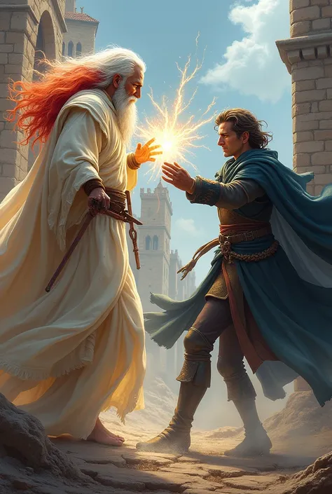 Make a tall old man with white and red hair ,In white medieval clothing, fighting a man who wears medieval-style supervillain clothes, has medium-length brown hair, and has powers of dark energy , fair skin 