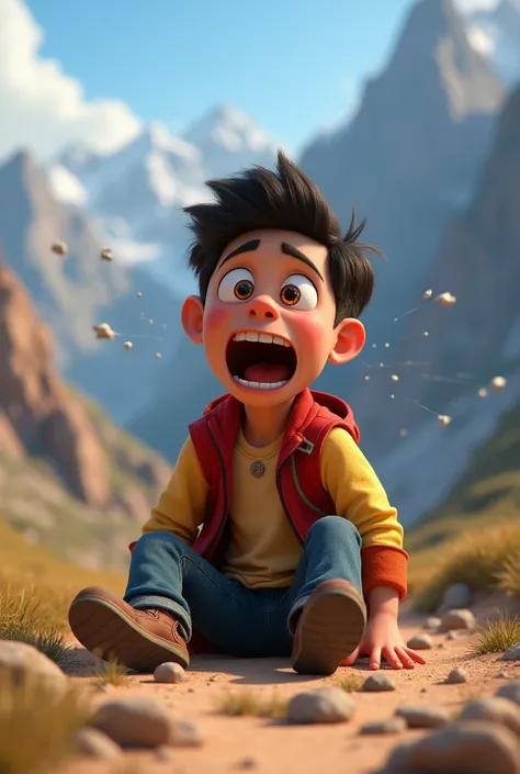 Need 3d animation style 

Son Falls and Screams:Scene Description: The son has tripped and fallen at the back of his father
, sitting on the ground with a pained expression. He is screaming, “AAAhhhhhhhhhhh!!!” The sound is visually represented as waves or...