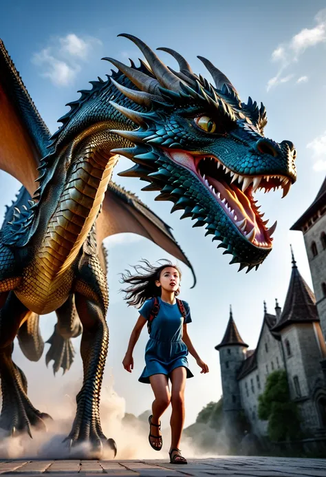 1girl, tall girl chased by a dragon, super detailed, intricate, extreme quality photoshot, dslr, uhd, 8k, dramatic light, dramat...