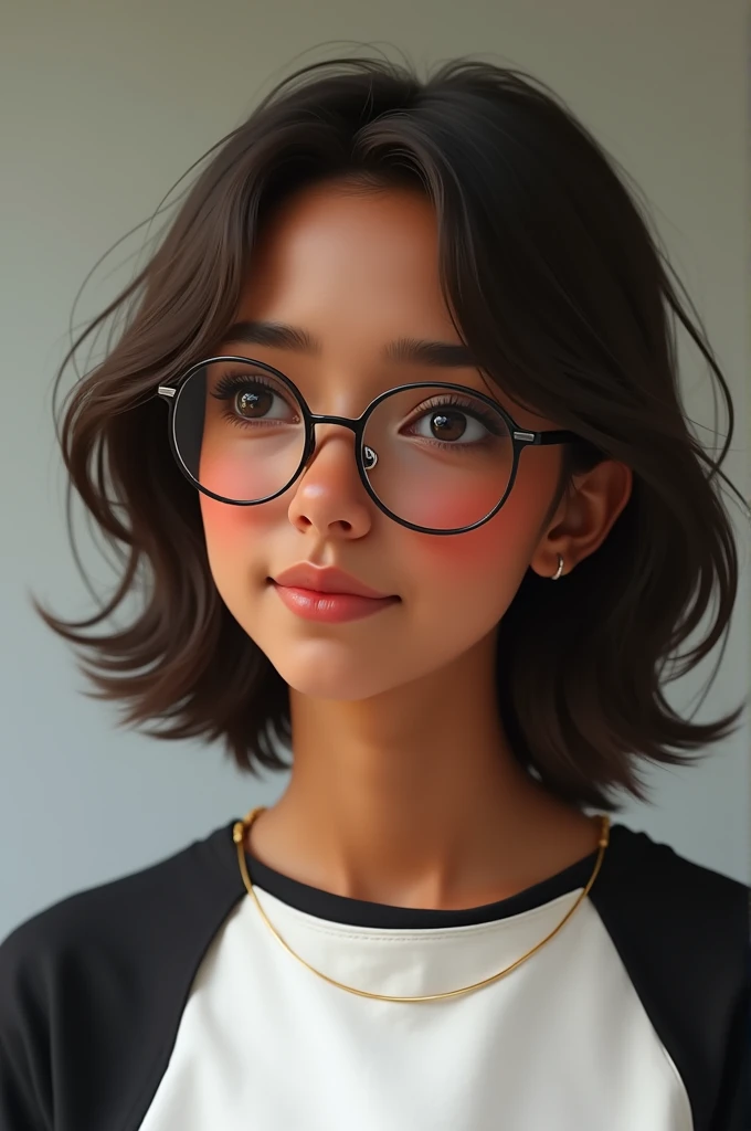 A 15 year old teenager, brown skin, round glasses and a white shirt with black sleeves 