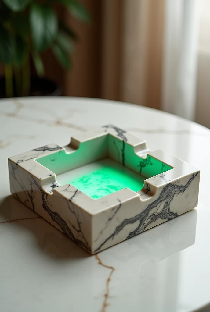 A small square ashtray for coffee, handmade, features a mirror marble surface with a two-way visual effect with an amazing inside that looks illuminated from the inside with warm green LED lighting. The sides are covered with marble, imitating the appearan...