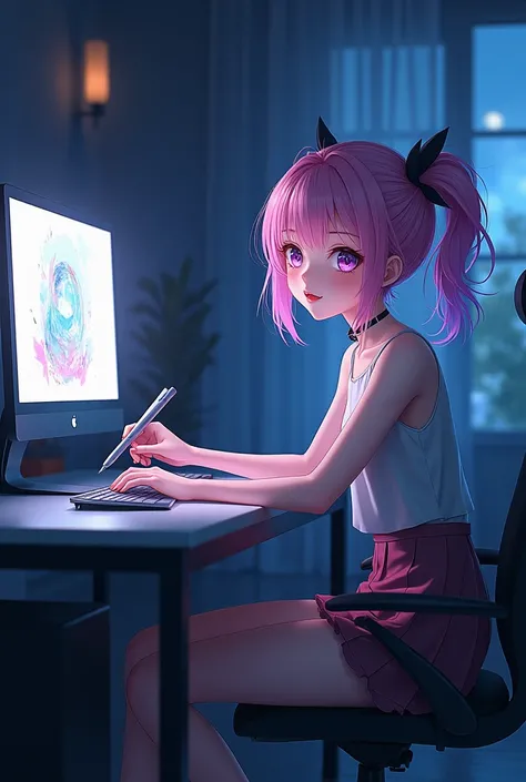 photo realistic  girl sitting in front of a computer with a mouse holding sketching pen , nightcore, anime style 4 k, digital art on pixiv, digital anime illustration, digital anime art, anime style. 8k, [ 4 k digital art ]!!, digital anime art!!, pixiv co...