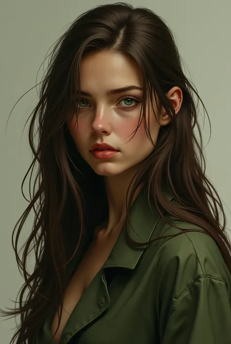 20 year old girl, His hair is long and brown, Her eyes are green, Her skin is brown, square face, His expression is serious and cold, His clothes are in shades of green and brown.