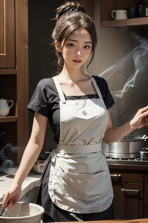 A silly beautiful woman in the kitchen，Wearing an apron，Smoke coming from the pot