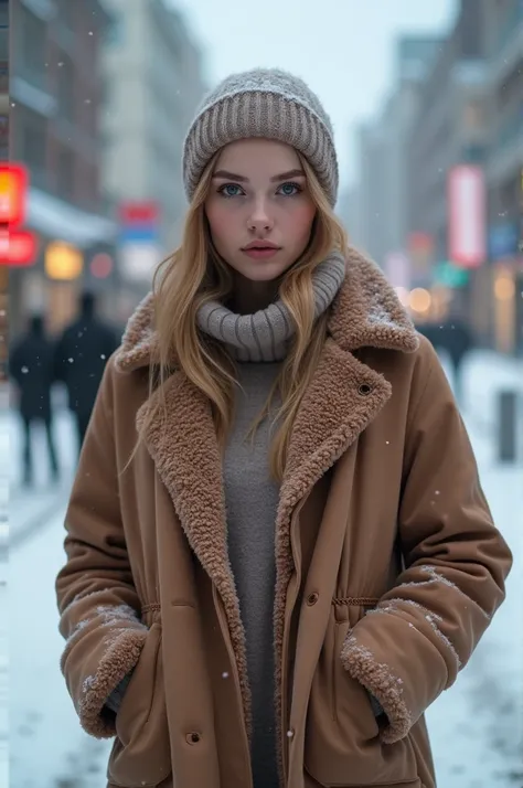 professional portrait photograph of a gorgeous Norwegian girl in winter clothing with hijab, naked,show breast, niple,sultry flirty look, gorgeous symmetrical face, cute natural makeup, wearing elegant warm winter fashion clothing, ((standing outside in sn...