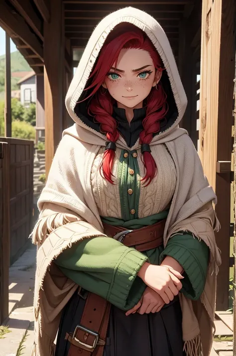 Close up of a tough, poor, 17th century, Irish Gypsy, tomboy woman in her early 20s with red hair, green eyes, and freckles who is walking on a country road and wearing traditional Irish traveler clothing and a knit and decorated traditional Irish Galway s...