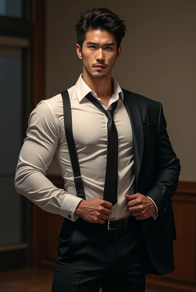 1 handsome Japanese guy，27years old，Lawyer，Formal shirt and  tie, Lawyer服,provocative and lewd pose, Professional Dress, Preparing for court, Handsome and elegant, Wearing a uniform， sexy abstinence, in blouse wearing, Masculine and handsome，musculous，Musc...