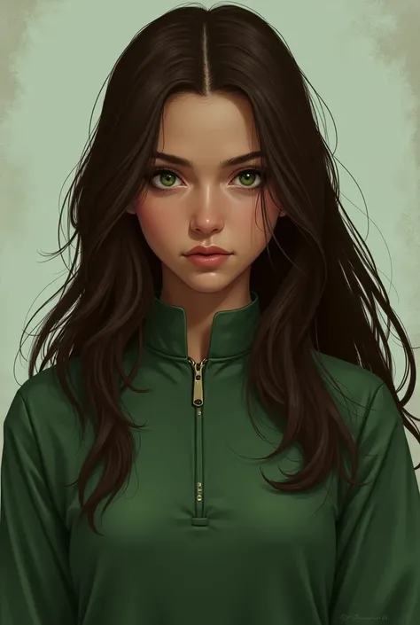 20 year old girl, His hair is long and brown, Her eyes are green, Her skin is brown, square face, His expression is serious and cold, His clothes are in shades of green and brown.