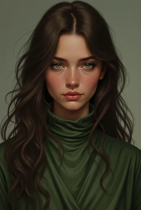 20 year old girl, His hair is long and brown, Her eyes are green, Her skin is brown, square face, His expression is serious and cold, His clothes are in shades of green and brown.