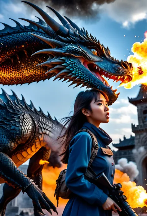 1girl, tall girl shoot a dragon with bazooka, the dragon exploded, super detailed, intricate, extreme quality photoshot, dslr, u...