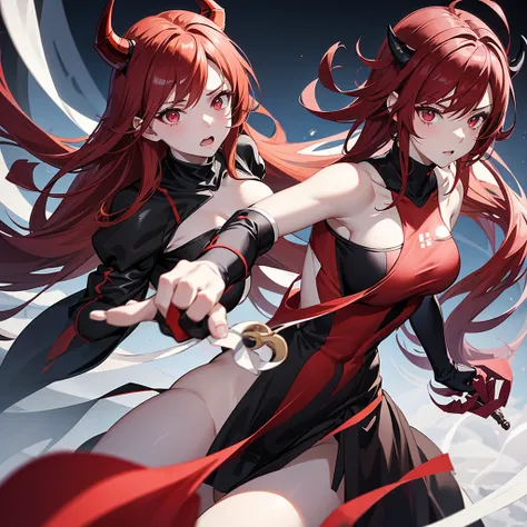 anime style, athletic young woman, reddish hair, white skin, deep crimson eyes, cold expression, has two pairs of black horns, dressed in loose black sports clothing, her fists are wrapped in a kind of air-like aura, located in a futuristic coliseum