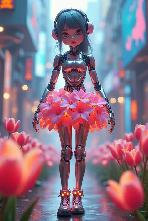 (3d，Mechanical feel，cute，ais-scrapyrd 1girl，tulip)，(Use a wide-angle lens to capture whole body images:1.9)，(masterpiece:1.1)，(Highest quality:1.1)，(HDR:1.0)，Ambient Light，Ultra high quality，(Ultra-detailed original illustrations)，(1 Girl，whole body)，(Rain...