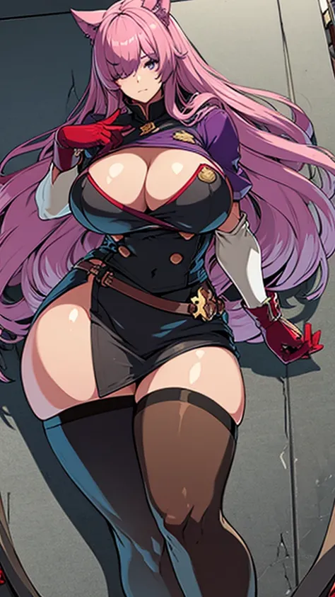 High detailed, 1 girl, solo, baby-blue colored gigantic large hair, hair over one eye,purple eyes,  busty, firm chunky body, burgundy shirt, , deep cleavage, Juliet sleeves, pencil skirt, black thighhighs, red gloves, holding her own hands, Sad eyes