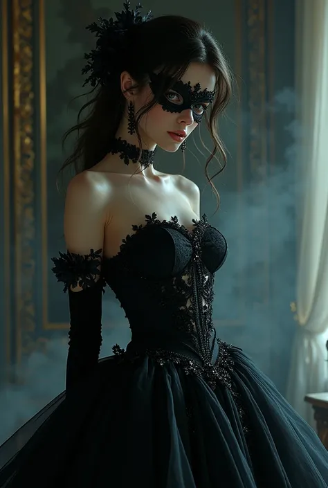 a close up of a person wearing a mask, dreamy gothic girl, elegant render, half body photo, mistress, photoshop render, ebony rococo, elegant girl, female spy, haunting beautiful young woman, super-hero girl, extravagant dress, beauty girl, (anime girl art...