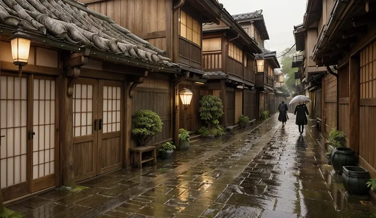 "A narrow alley in a traditional Japanese village during a rainy day. The scene features old wooden houses with sliding paper doors, their roofs slightly curved and dripping with rainwater. The cobblestone path of the alley is wet and reflective, showing t...