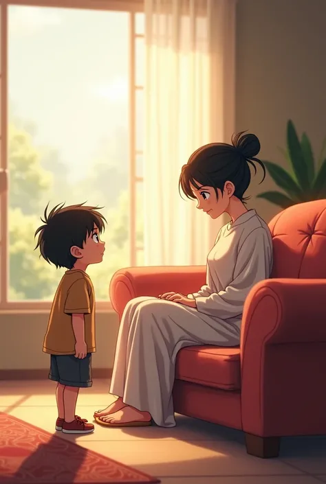 Boy sees his mother sitting on the anime style couch