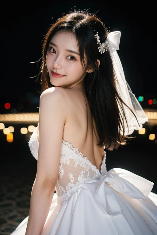 Gaze, smile, Side Up, Black Hair, Small breasts,starry skies,White Wedding Dress,Beautiful woman looking back,Looking back,Wink,Holding a bouquet,whole body,Lighting effects for portrait films, Ray Tracing, 