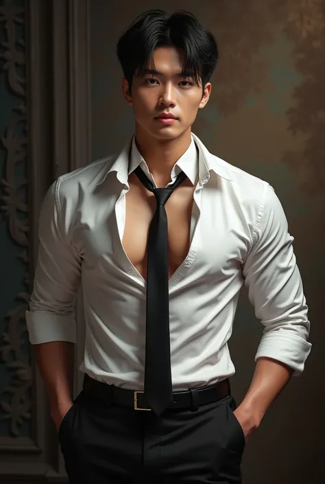 1 handsome Korean gentleman, 27 years old, Lawyer, formal shirt and tie, Lawyer, provocative and erotic pose, armpit sweat, Vietnam scene, Professional attire, Handsome and elegant, Wearing uniform, sexy abstinence, wearing blouse, Masculine and handsome, ...