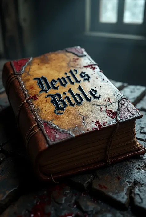 A 3 feat long old book having blood on it. Devils Bible writen on the cover 