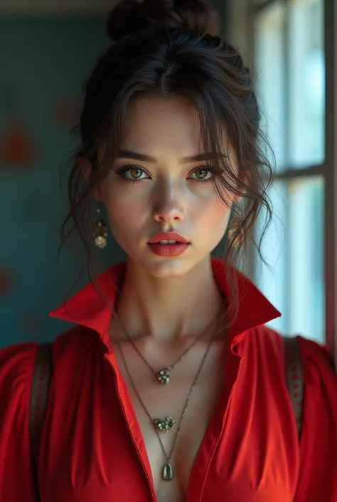 (Best Quality, 4K, 8K, High Resolution, Masterpiece: 1.2), (Super Detailed, Realistic, Photorealistic:1.37)A captivating young girl, donning a striking ensemble of red and blue, stands before a window with an air of toughness and determination. Her enchant...