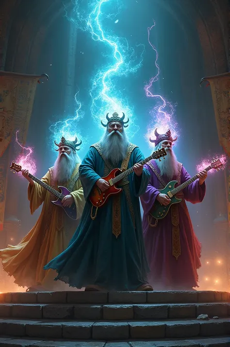 Three medieval wizards playing in a rock band