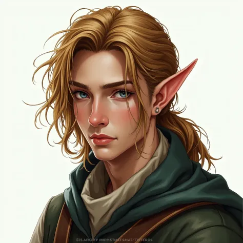 Draw a VERY REALISTIC fantasy style drawing of an ELF man , golden brown hair, very realistic blue-grey eyes